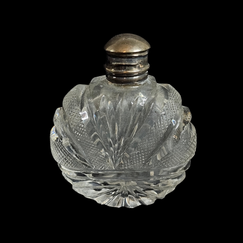 Antique Cut Glass Perfume Scent Bottle w/Silver-tone Cap & Topper French Boujee